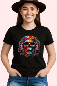 Tricou Craniu cu coroana si casetofoane stil street art colorat Copii | Dama | Barbat, culoare negru - Img 3