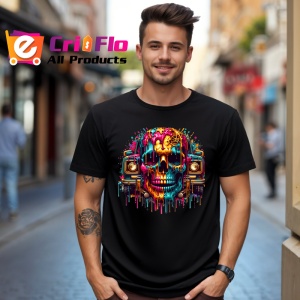 Tricou Craniu cu coroana si casetofoane stil street art colorat Copii | Dama | Barbat, culoare negru - Img 6