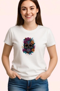 Tricou Craniu cu flori portocalii si fundal deschis Copii | Dama | Barbat - Img 3
