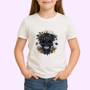 Tricou Craniu negru cu elemente aurii fundal deschis Copii | Dama | Barbat - Img 4
