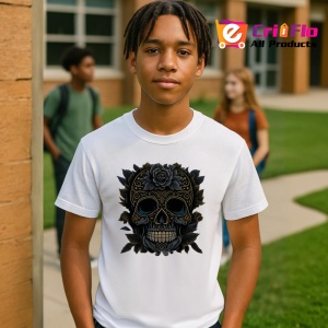 Tricou Craniu negru elegant cu flori aurii fundal alb Copii | Dama | Barbat - Img 4