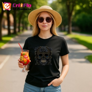 Tricou Craniu negru elegant cu flori aurii fundal alb Copii | Dama | Barbat, culoare negru - Img 8