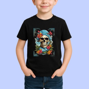 Tricou Craniu pirat cu flori si fundal oceanic Copii | Dama | Barbat, culoare negru - Img 4