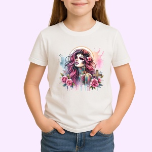 Tricou cross flower girl pink hair tattoo, fata cu cruce trandafiri si par roz, Copii | Dama | Barbat - Img 3