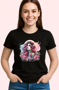 Tricou Cross flower girl pink hair tattoo, fata cu cruce trandafiri si par roz, Copii | Dama | Barbat , tricou negru - Img 3