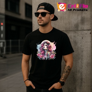 Tricou Cross flower girl pink hair tattoo, fata cu cruce trandafiri si par roz, Copii | Dama | Barbat , tricou negru - Img 11