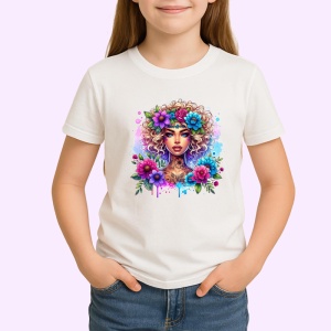Tricou curly blonde floral crown girl, fata blonda creata cu coronita florala, Copii | Dama | Barbat - Img 3