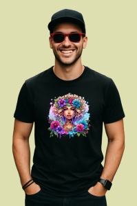 Tricou Curly blonde floral crown girl, fata blonda creata cu coronita florala, Copii | Dama | Barbat , tricou negru - Img 4