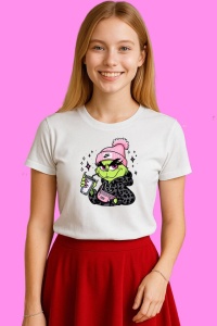 Tricou Cute Girl Grinch Hat, din bumbac 100%, tricou alb, Copii | Dama | Barbat