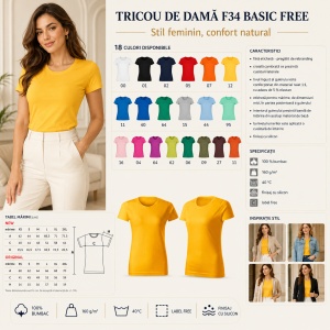 Tricou Damă Basic Free din Bumbac, Guler Rotund, Croială Cambrată, Fără Etichetă, 18 Culori, XS–2XL - Img 3