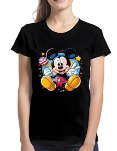 Tricou negru cu un design colorat care înfățișează personajul Mickey Mouse, ținând o acadea și înconjurat de stele și inimioare, pe un fundal artistic vibrant.