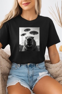 Tricou dama CapyBara - selfie UFO alb negru - Img 2