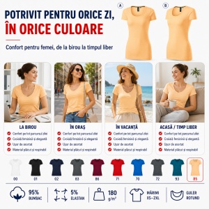 Tricou Damă Elastic cu Decolteu Adânc, Croială Slim Fit, 95% Bumbac, 5% Elastan, 10 Culori, XS–2XL - Img 4