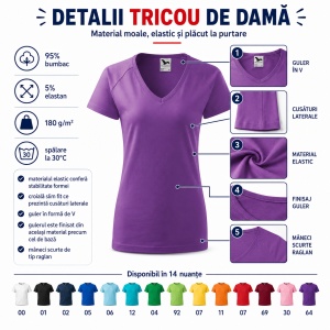 Tricou Damă Malfini Dream 128 cu Guler V – Slim Fit, 95% Bumbac, 14 Culori, XS-3XL - Img 2
