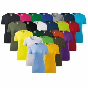 Imagine de prezentare tricou pentru dama basic prezentand culorile disponibile albastru,rosu,verde,galben,negru,turcoaz,roz,coral