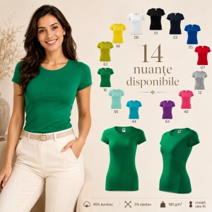 Tricou Damă Slim Fit Elastic, 95% Bumbac și 5% Elastan, Guler Rotund, Mâneci Scurte, 14 Culori, XS–2XL - Img 4