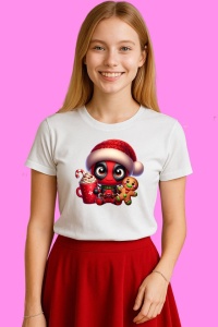 Tricou Deadpool Christmas Cute, din bumbac 100%, tricou alb, Copii | Dama | Barbat - Img 3
