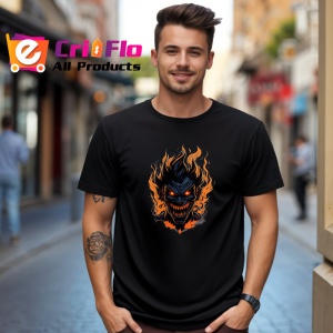 Tricou Demon cu zambet malefic si flacari fundal alb Copii | Dama | Barbat, culoare negru - Img 5