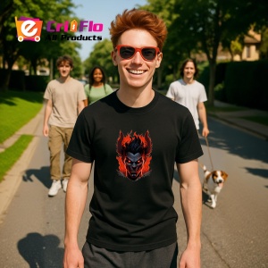 Tricou Demon cu zambet sinistru si flacari albastre Copii | Dama | Barbat, culoare negru - Img 5