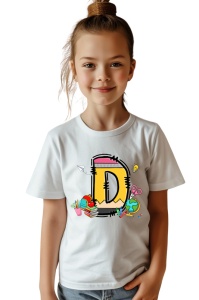 Tricou din bumbac 100% pentru copii, litera D, Back To School, educatie, creioane, carti