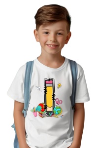 Tricou din bumbac 100% pentru copii, litera I, Back To School, educatie, creioane, carti - Img 2