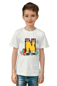 Tricou din bumbac 100% pentru copii, litera N, Back To School, educatie, creioane, carti