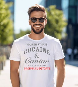 Tricou din bumbac, personalizat haios pentru barbati Tricoul spune Caviar iar fata Saorma cu detoate - Cadou