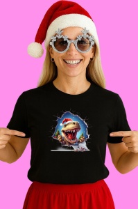 Tricou, dinozaur Cu Fundal Albastru Inchis Craciun, din bumbac 100% Copii | Dama | Barbat - Img 3