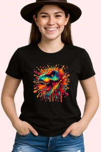 Tricou Dinozaur rosu portocaliu in stil exploziv Copii | Dama | Barbat, culoare negru - Img 3
