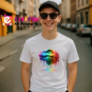 Tricou Dinozaur verde portocaliu cu vopsea fundal alb Copii | Dama | Barbat - Img 5