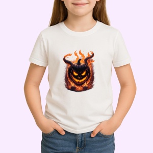 Tricou Dovleac Halloween cu coarne si flacari portocalii Copii | Dama | Barbat - Img 4