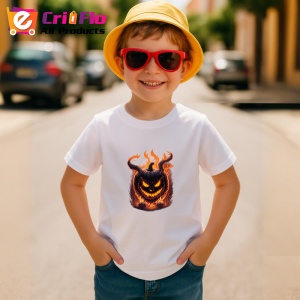 Tricou Dovleac Halloween cu coarne si flacari portocalii Copii | Dama | Barbat