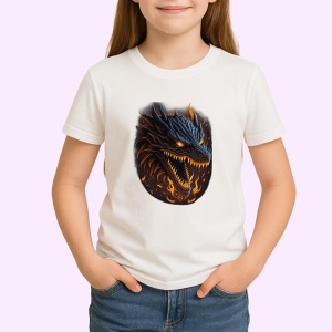 Tricou Dragon negru cu ochi rosii si flacari pe fundal Copii | Dama | Barbat