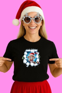 Tricou Elf Cu Fundal Albastru Si Braduti Craciun, din bumbac 100% Copii | Dama | Barbat
