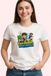Tricou Fast Thinker Slow Runner Fotbalist Amuzant, din bumbac 100% , tricou alb pentru Copii | Dama | Barbat