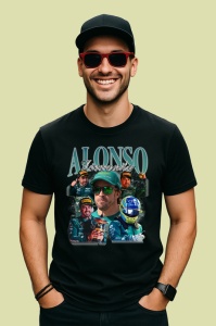 Tricou Fernando Alonso Portret Cu Ochelari Echipa Aston Martin, Copii | Dama | Barbat , tricou negru - Img 4