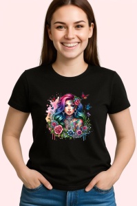 Tricou Flower crown girl rainbow hair, fata cu coroana de flori si par curcubeu, Copii | Dama | Barbat , tricou negru - Img 3