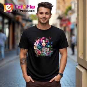 Tricou Flower crown girl rainbow hair, fata cu coroana de flori si par curcubeu, Copii | Dama | Barbat , tricou negru - Img 10