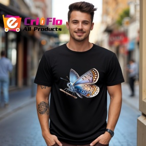 Tricou Fluture albastru cu maro si detalii pe frunza Copii | Dama | Barbat, negru - Img 5