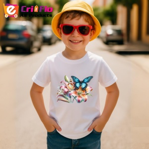 Tricou Fluture albastru cu negru pe flori de crin desen vibrant Copii | Dama | Barbat Barbat - Img 10