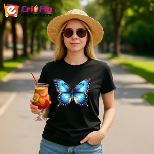 Tricou Fluture albastru intens cu accente aurii si margini negre Copii | Dama | Barbat, negru - Img 11