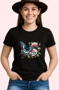 Tricou Fluture albastru pe trandafiri roz compozitie romantica Copii | Dama | Barbat, negru - Img 4