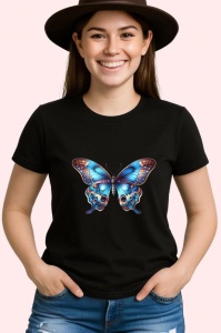 Tricou Fluture albastru si portocaliu in stil exotic Copii | Dama | Barbat, negru - Img 3