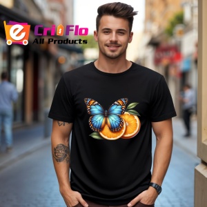 Tricou Fluture albastru si portocaliu pe felii de portocala Copii | Dama | Barbat, negru - Img 5