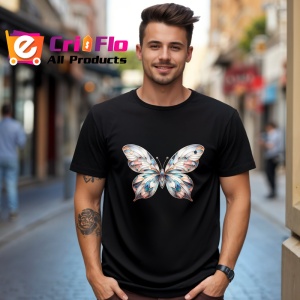Tricou Fluture bej cu albastru si accente florale artistice Copii | Dama | Barbat, negru - Img 5