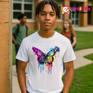 Tricou Fluture colorat in stil pop art fundal alb Copii | Dama | Barbat - Img 4