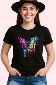 Tricou Fluture colorat in stil pop art fundal alb Copii | Dama | Barbat, culoare negru