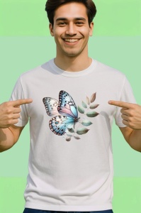 Tricou Fluture pastel albastru si roz pe frunze bej Copii | Dama | Barbat Barbat - Img 2