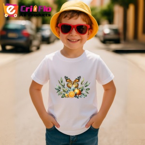 Tricou Fluture pe fundal cu frunze si portocale design compozitional Copii | Dama | Barbat Barbat - Img 14
