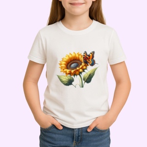 Tricou Fluture portocaliu pe floare de floarea soarelui desen rustic Copii | Dama | Barbat Barbat - Img 4